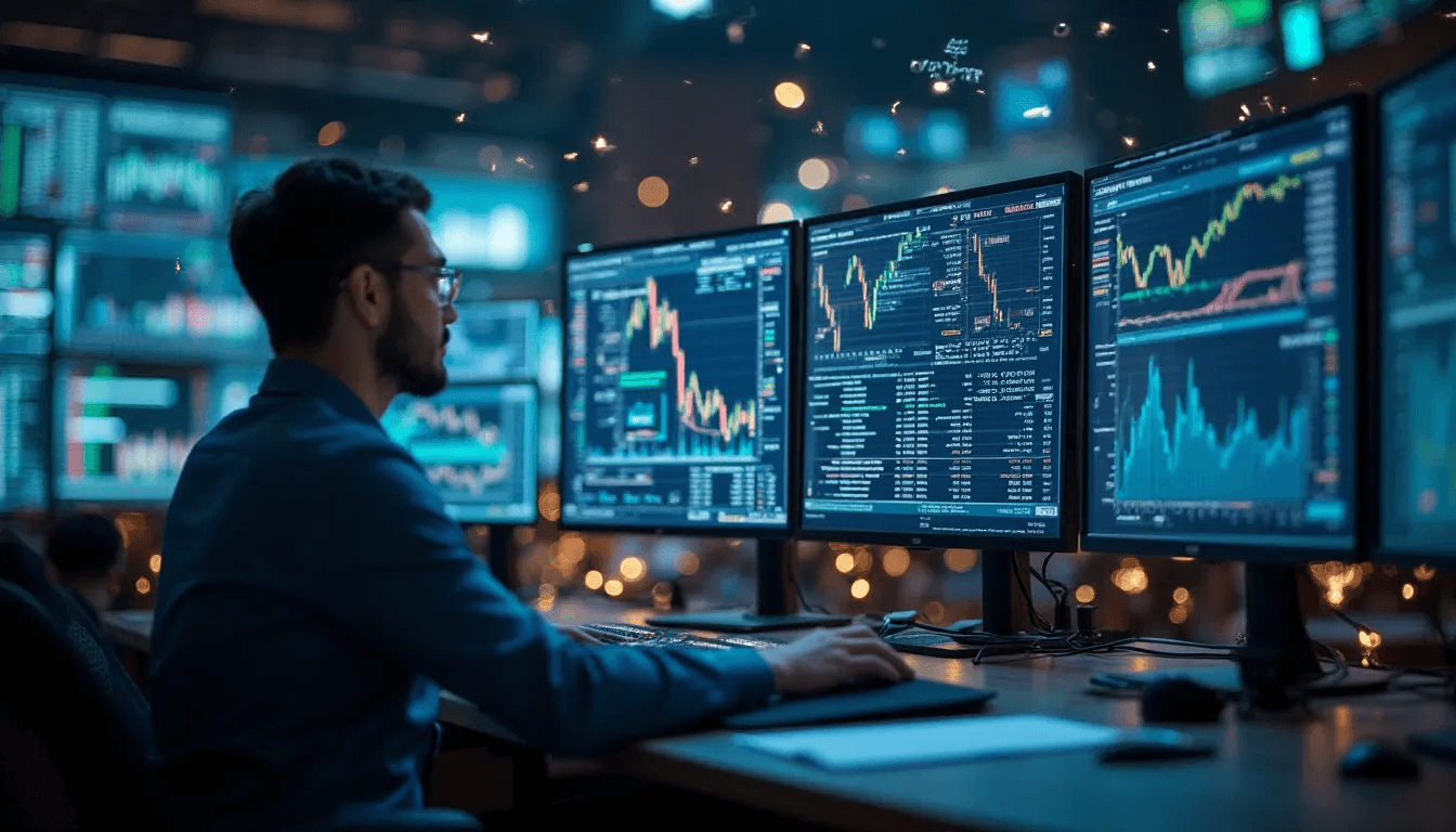 Escena avanzada de tecnología financiera con múltiples monitores mostrando expresiones matemáticas complejas, piso de operaciones de divisas con profesionales analizando cálculos multi-divisa