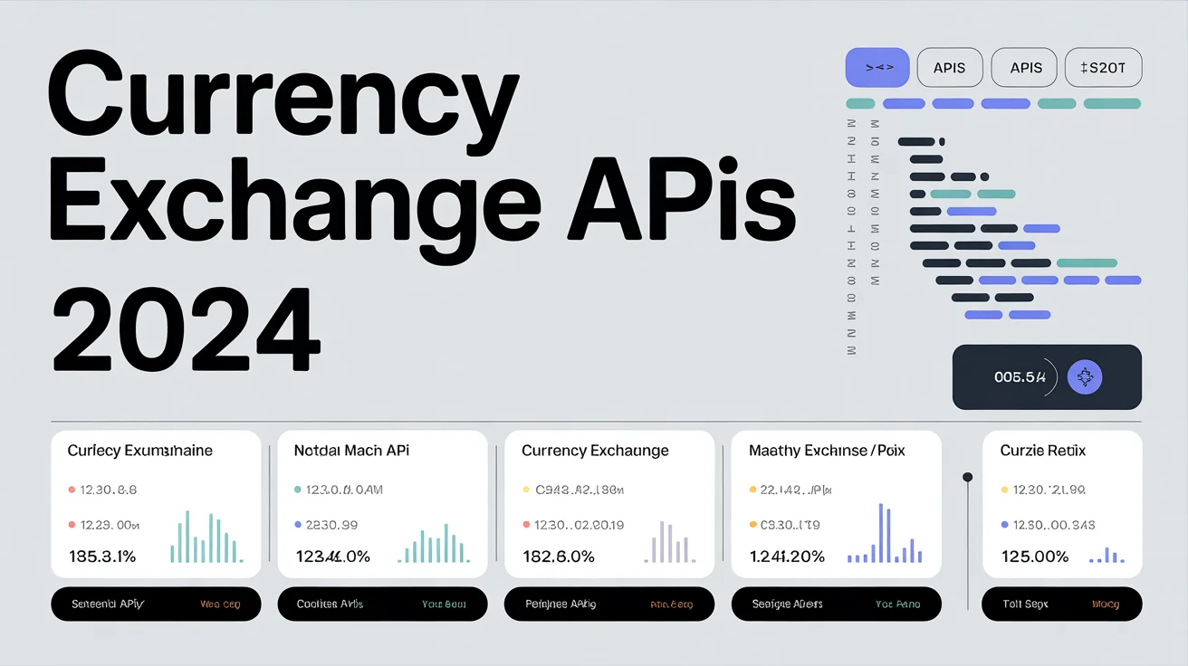 Gráfico de comparación técnica titulado "APIs de Cambio de Divisas 2024" con nombres de APIs, métricas de comparación, elementos de código e indicadores de rendimiento