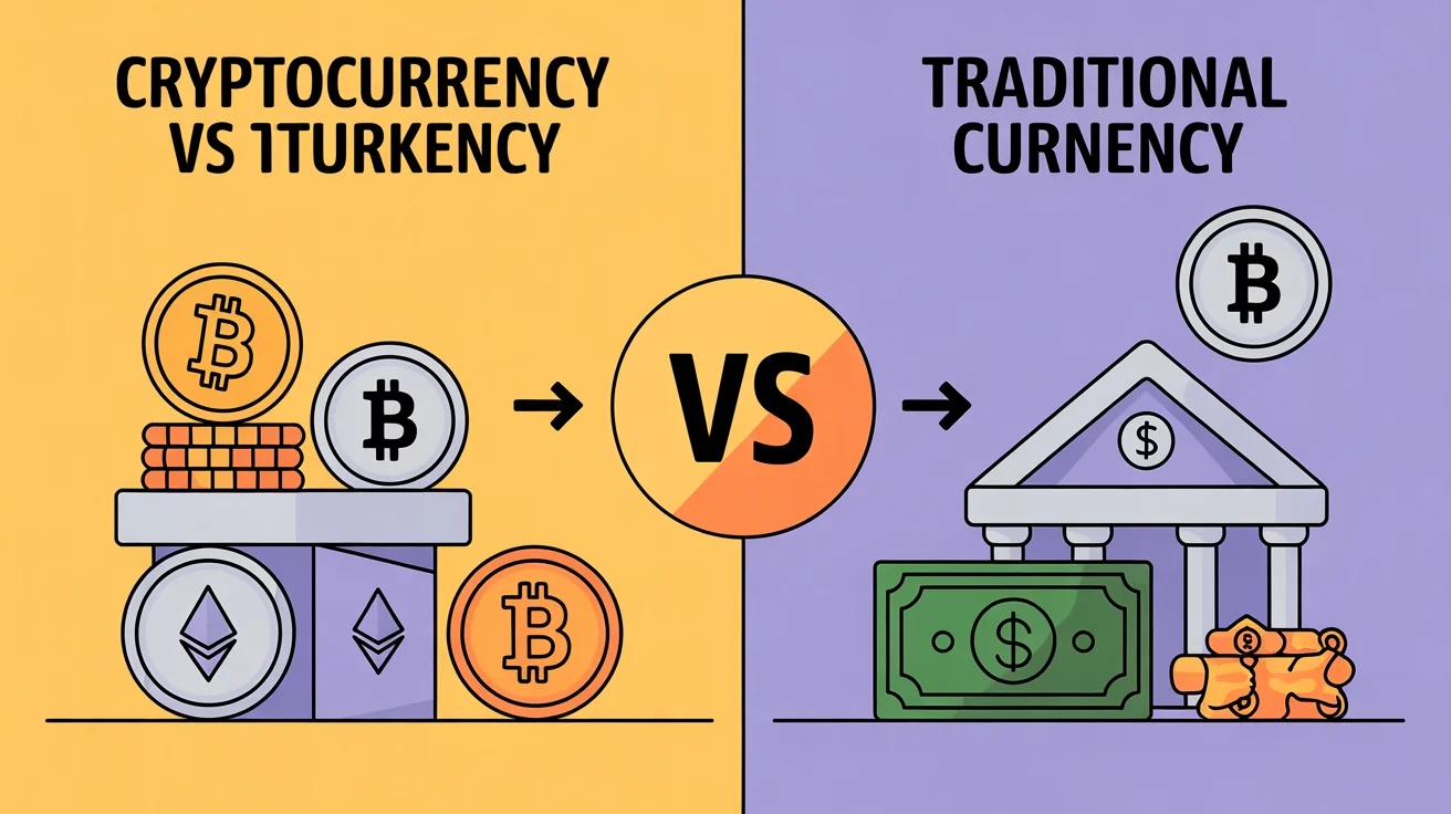 Comparación dividida mostrando "Criptomonedas vs Moneda Tradicional" con Bitcoin y símbolos cripto en un lado, banca tradicional en el otro