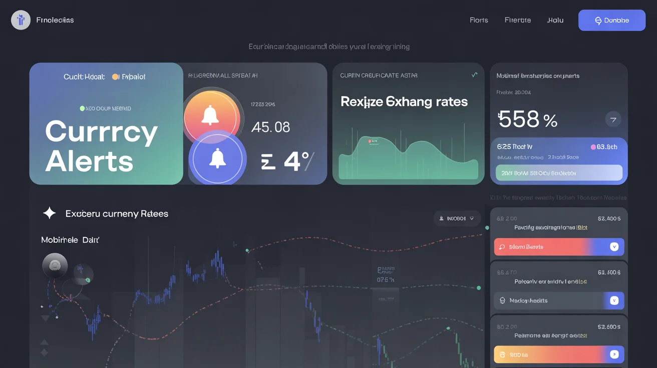 Panel de alertas en tiempo real mostrando texto "Alertas de Divisas" y "Maximizar Tipos de Cambio" con campanas de notificación, gráficos de tasas y alertas móviles