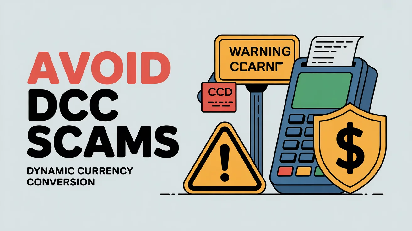 Infografía de advertencia con texto "Evitar Estafas DCC" y "Conversión Dinámica de Divisas", mostrando señales de advertencia, terminales de tarjetas de crédito y escudos protectores