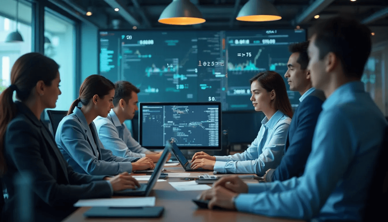 Escena empresarial profesional mostrando conversión matemática de divisas con profesionales financieros usando computadoras, símbolos de divisas y ecuaciones matemáticas visibles en pantallas