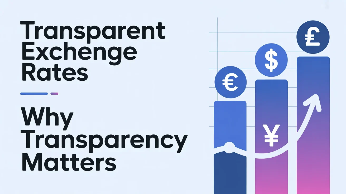 Infografía empresarial profesional mostrando tipos de cambio transparentes con símbolos de divisas y gráfico de transparencia de tasas