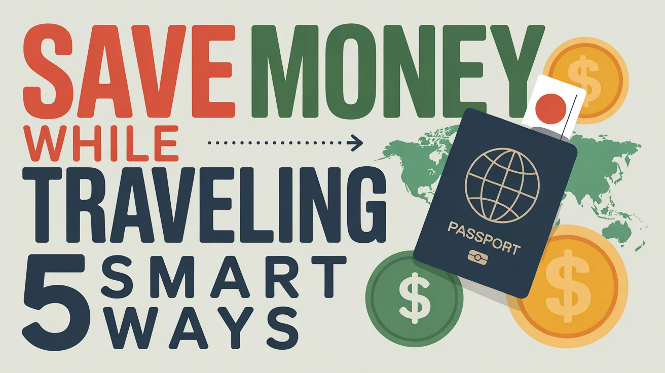 Infografía de viajes con texto "Ahorra Dinero Viajando" y "5 Formas Inteligentes", con pasaporte, mapa mundial y símbolos de divisas