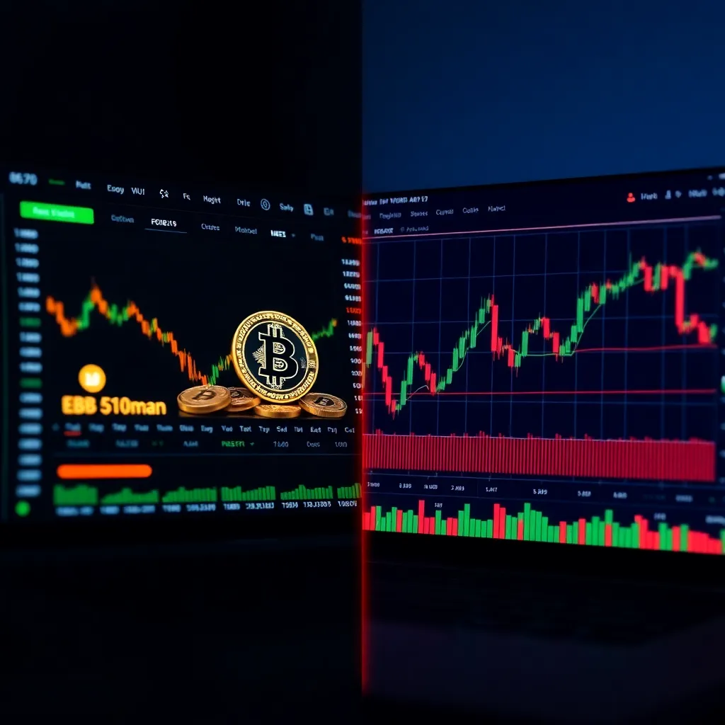 Comparación dividida mostrando "Criptomonedas vs Moneda Tradicional" con Bitcoin y símbolos cripto en un lado, banca tradicional en el otro