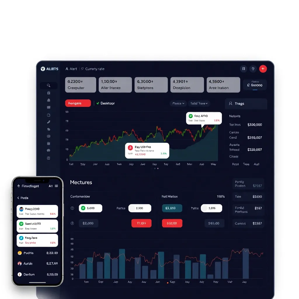 Panel de alertas en tiempo real mostrando texto "Alertas de Divisas" y "Maximizar Tipos de Cambio" con campanas de notificación, gráficos de tasas y alertas móviles